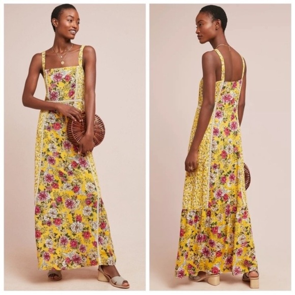 Farm Rio Cantonal Maxi Dress Womens Size M Yellow Floral Crane Crochet Lace Trim